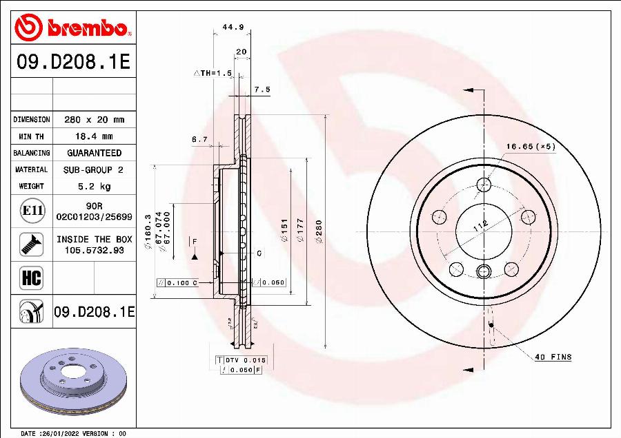 Brembo 09.D208.1E - Discofreno autozon.pro