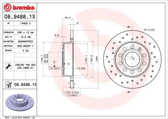 Brembo 08.9488.1X - Discofreno autozon.pro