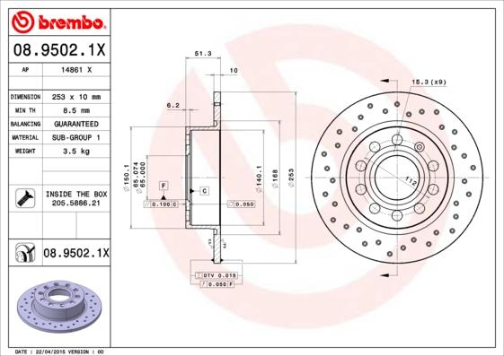 Brembo 08.9502.1X - Discofreno autozon.pro