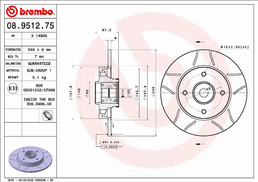 Brembo 08.9512.75 - Discofreno autozon.pro