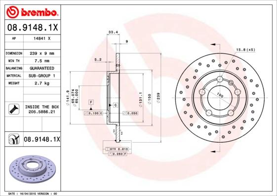 Brembo 08.9148.1X - Discofreno autozon.pro