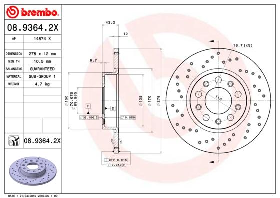 Brembo 08.9364.2X - Discofreno autozon.pro