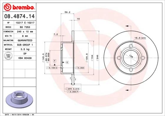 Brembo 08.4874.14 - Discofreno autozon.pro