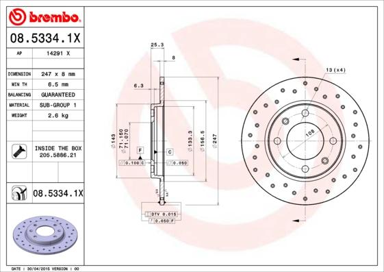 Brembo 08.5334.1X - Discofreno autozon.pro