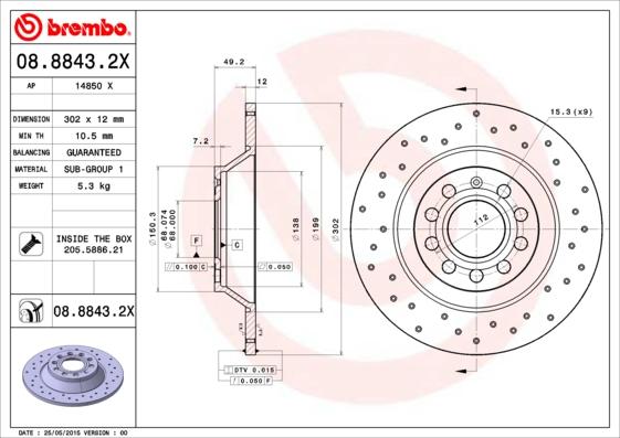 Brembo 08.8843.2X - Discofreno autozon.pro