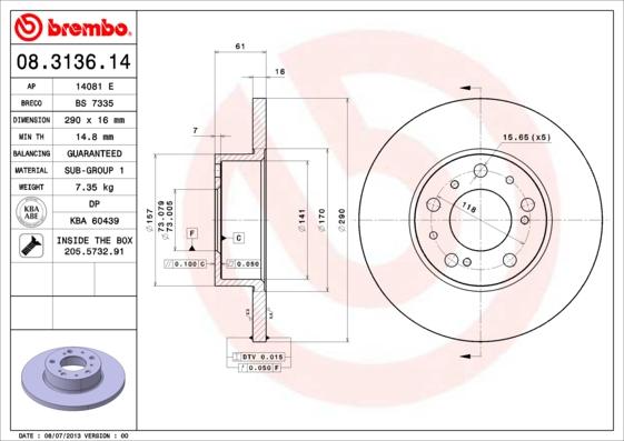 Brembo 08.3136.14 - Discofreno autozon.pro