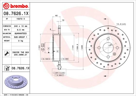 Brembo 08.7626.1X - Discofreno autozon.pro