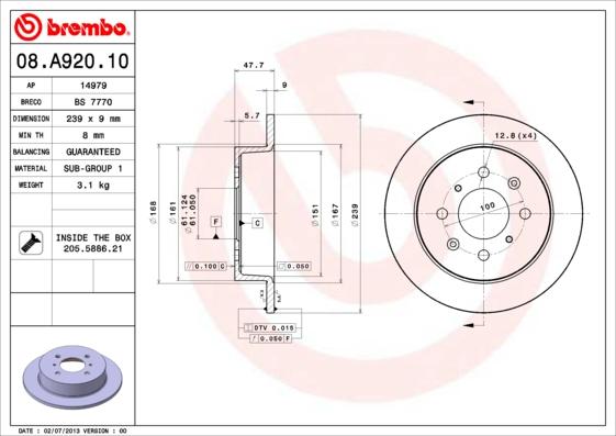 Brembo 08.A920.10 - Discofreno autozon.pro