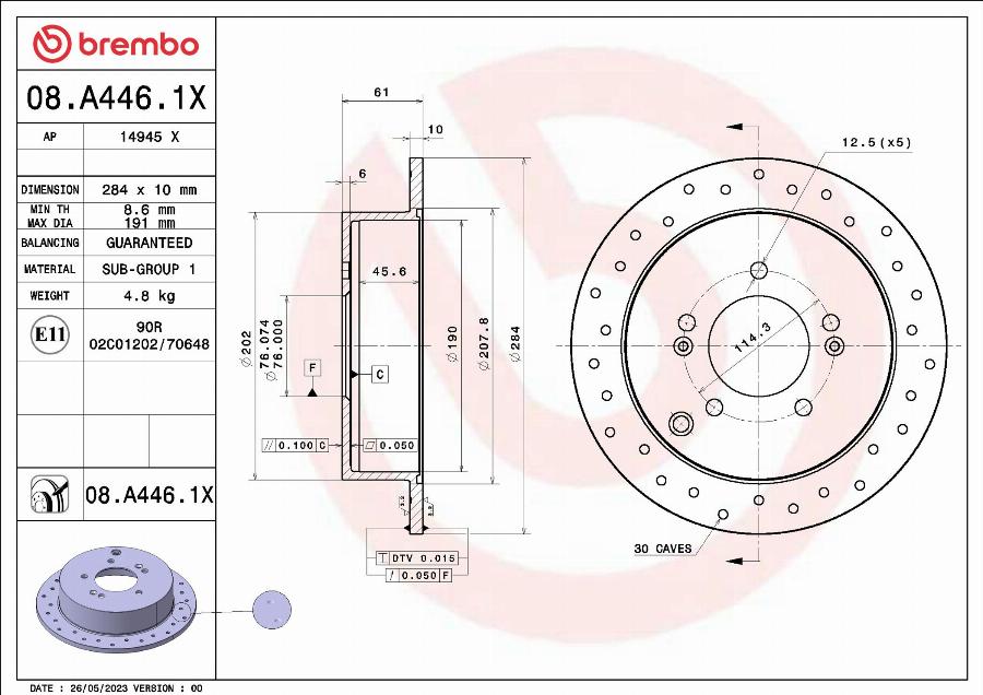 Brembo 08.A446.1X - Discofreno autozon.pro