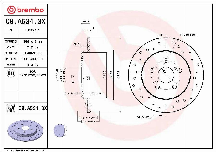 Brembo 08.A534.3X - Discofreno autozon.pro