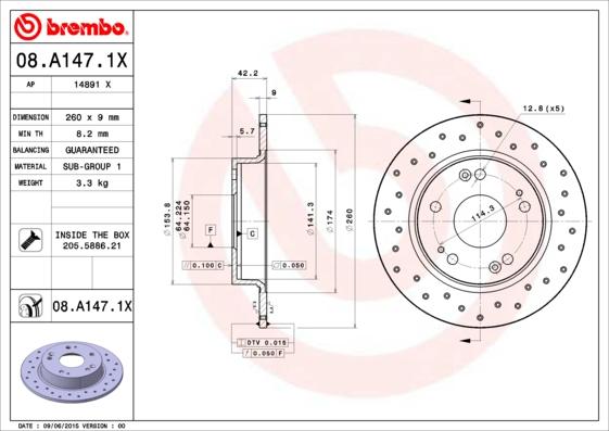 Brembo 08.A147.1X - Discofreno autozon.pro