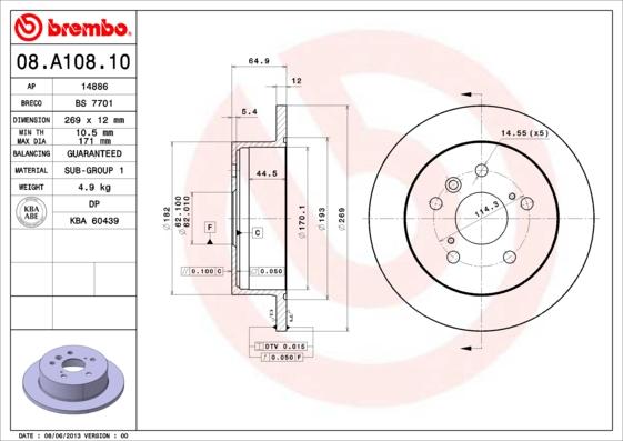 Brembo 08.A108.10 - Discofreno autozon.pro