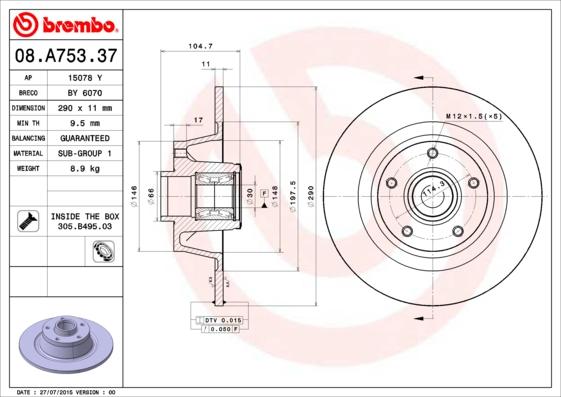 Brembo 08.A753.37 - Discofreno autozon.pro