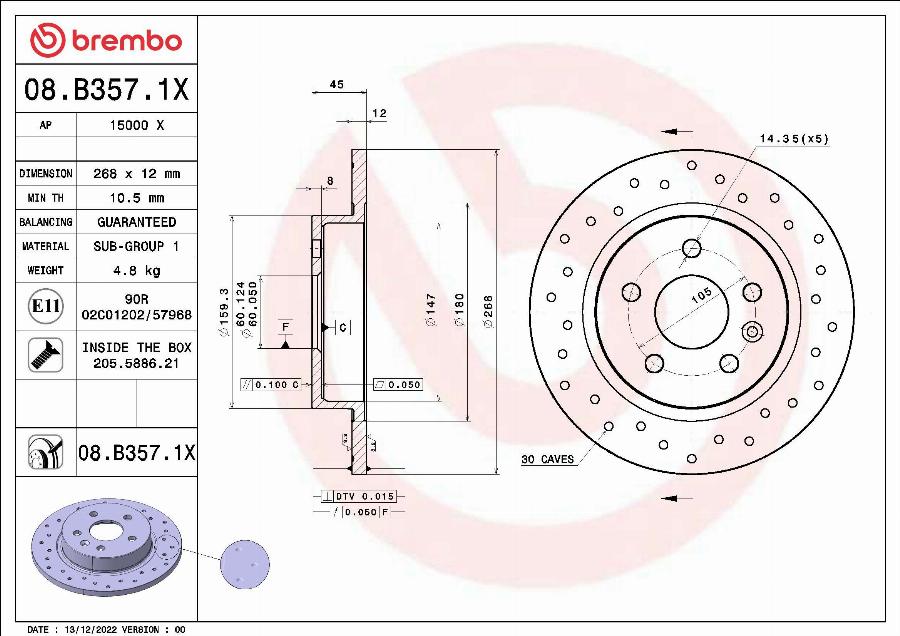 Brembo 08.B357.1X - Discofreno autozon.pro