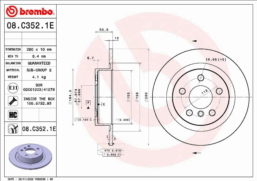 Brembo 08.C352.1E - Discofreno autozon.pro