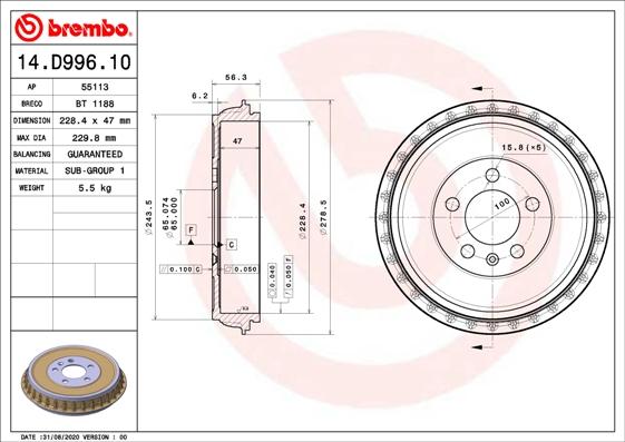 Brembo 14.D996.10 - Tamburo freno autozon.pro