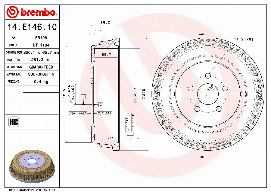 Brembo 14.E146.10 - Tamburo freno autozon.pro