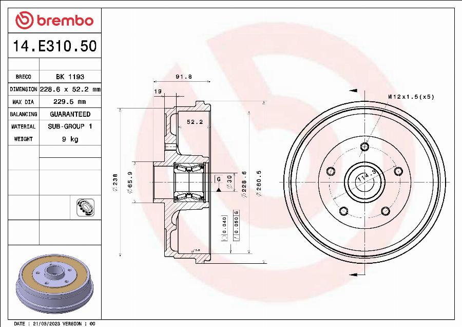 Brembo 14.E310.50 - Tamburo freno autozon.pro