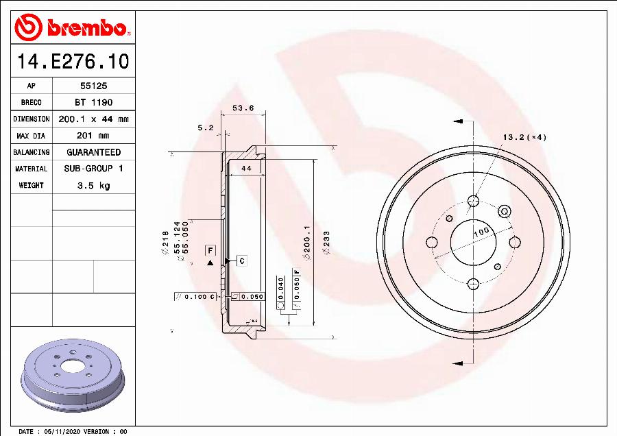 Brembo 14.E276.10 - Tamburo freno autozon.pro