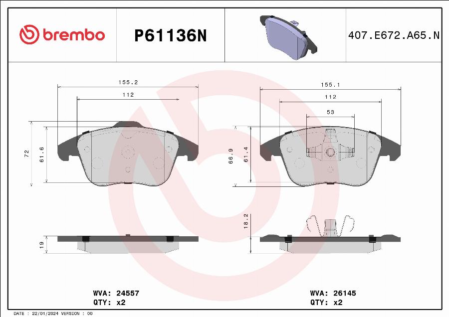 Brembo P61136N - Kit pastiglie freno, Freno a disco autozon.pro