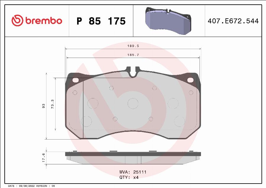 Brembo P 85 175 - Kit pastiglie freno, Freno a disco autozon.pro