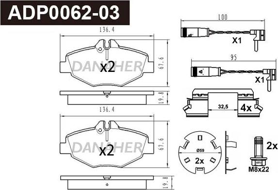 Danaher ADP0062-03 - Kit pastiglie freno, Freno a disco autozon.pro