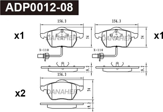 Danaher ADP0012-08 - Kit pastiglie freno, Freno a disco autozon.pro