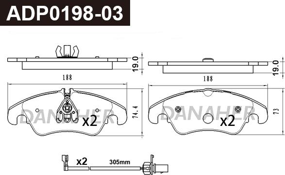 Danaher ADP0198-03 - Kit pastiglie freno, Freno a disco autozon.pro