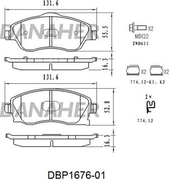 Danaher DBP1676-01 - Kit pastiglie freno, Freno a disco autozon.pro