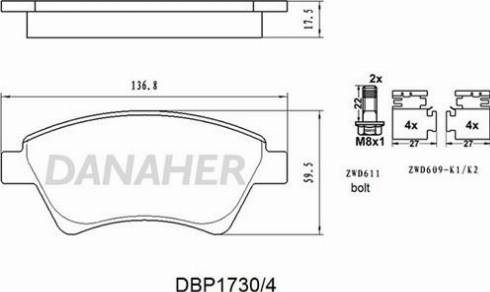 Danaher DBP1730/4 - Kit pastiglie freno, Freno a disco autozon.pro