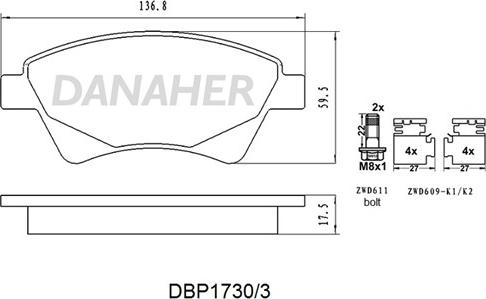 Danaher DBP1730/3 - Kit pastiglie freno, Freno a disco autozon.pro