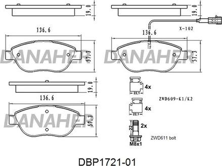 Danaher DBP1721-01 - Kit pastiglie freno, Freno a disco autozon.pro