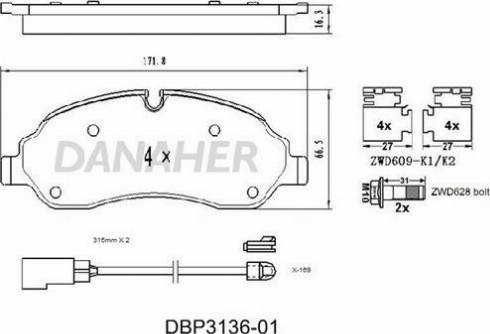 Danaher DBP3136-01 - Kit pastiglie freno, Freno a disco autozon.pro