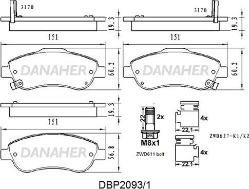 Danaher DBP2093/1 - Kit pastiglie freno, Freno a disco autozon.pro