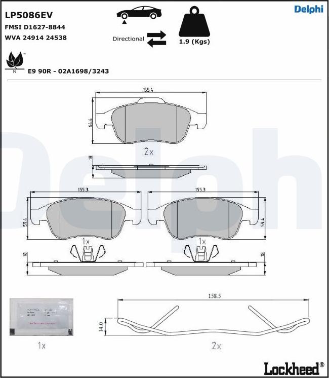 Delphi LP5086EV - Kit pastiglie freno, Freno a disco autozon.pro