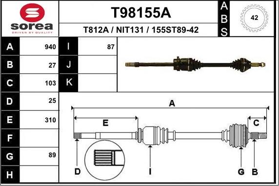 EAI T98155A - Albero motore / Semiasse autozon.pro