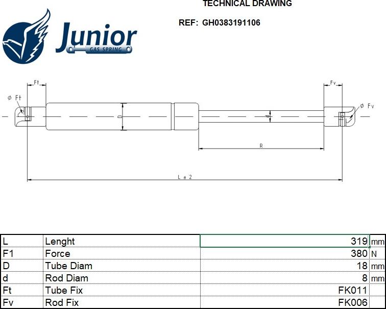 JUNIOR GH0383191106 - Ammortizatore pneumatico, Cofano bagagli / vano carico autozon.pro