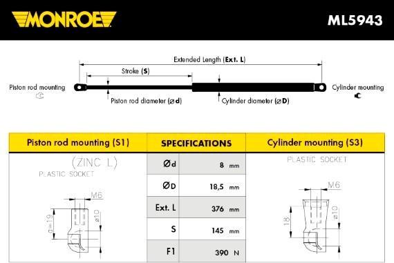 Monroe ML5943 - Ammortizatore pneumatico, Cofano bagagli / vano carico autozon.pro