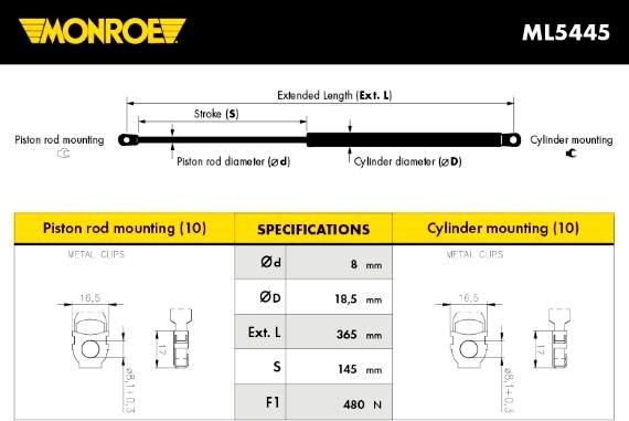 Monroe ML5445 - Ammortizatore pneumatico, Cofano bagagli / vano carico autozon.pro