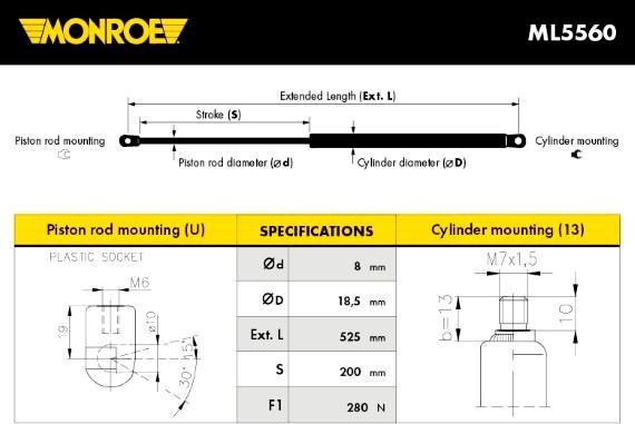 Monroe ML5560 - Ammortizzatore pneumatico, Cofano motore autozon.pro