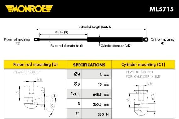 Monroe ML5715 - Ammortizzatore pneumatico, Cofano motore autozon.pro