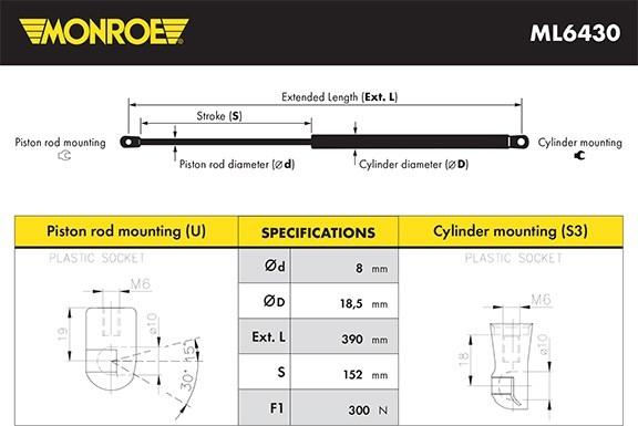 Monroe ML6430 - Ammortizzatore pneumatico, Cofano motore autozon.pro