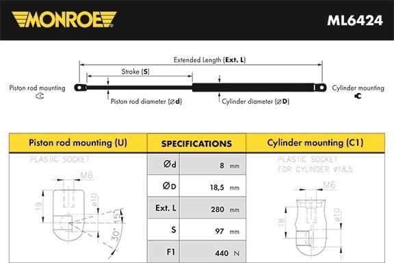 Monroe ML6424 - Ammortizatore pneumatico, Cofano bagagli / vano carico autozon.pro