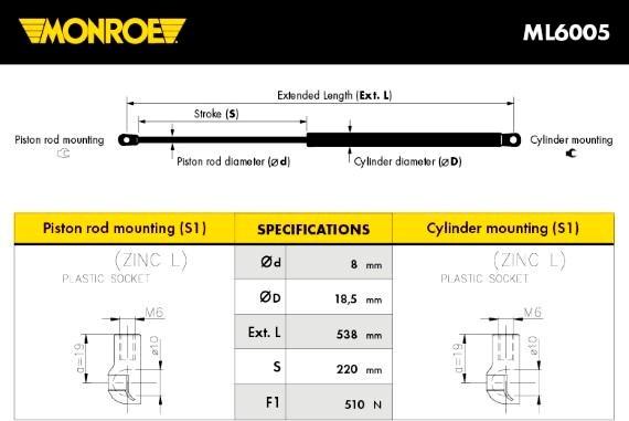 Monroe ML6005 - Ammortizatore pneumatico, Cofano bagagli / vano carico autozon.pro