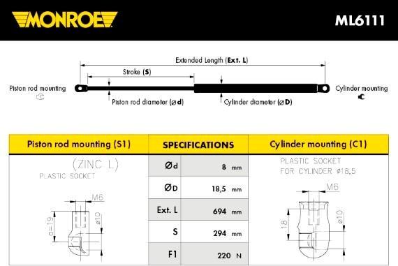 Monroe ML6111 - Ammortizzatore pneumatico, Cofano motore autozon.pro