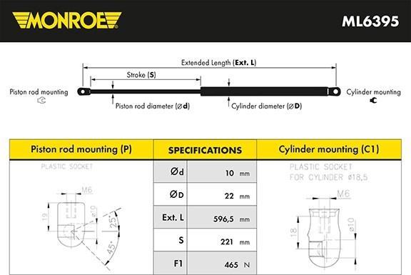 Monroe ML6395 - Ammortizatore pneumatico, Cofano bagagli / vano carico autozon.pro