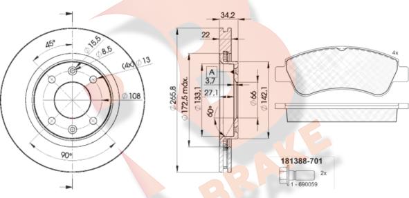 R Brake 3R13884750 - Kit freno, Freno a disco autozon.pro