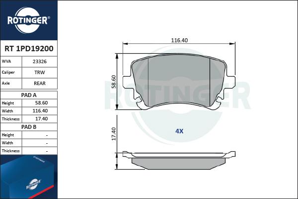 Rotinger RT 1PD19200 - Kit pastiglie freno, Freno a disco autozon.pro