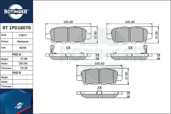 Rotinger RT 1PD18070 - Kit pastiglie freno, Freno a disco autozon.pro