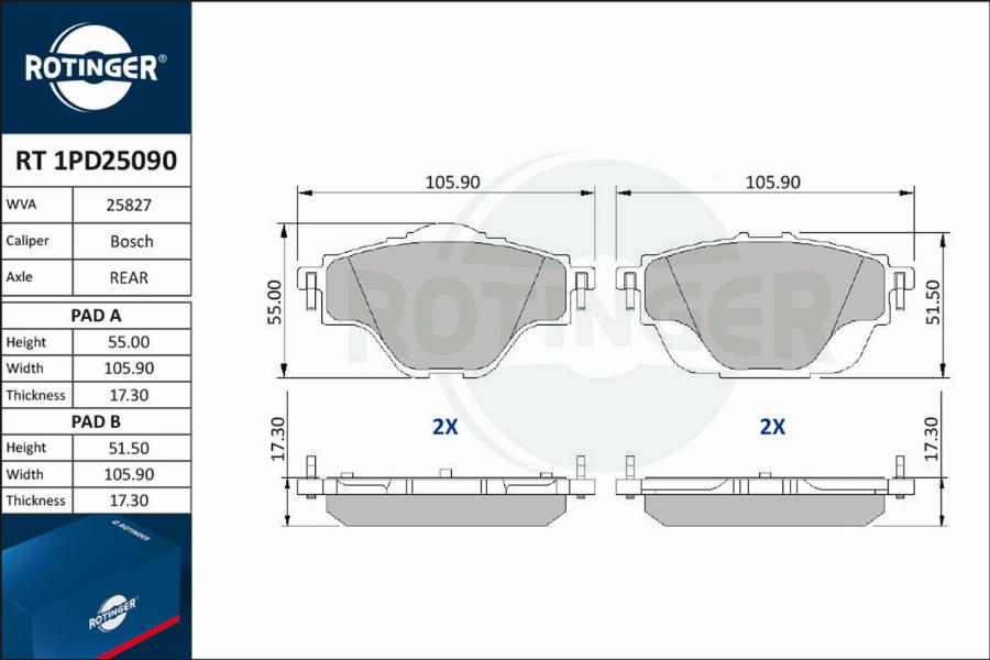 Rotinger RT 1PD25090 - Kit pastiglie freno, Freno a disco autozon.pro